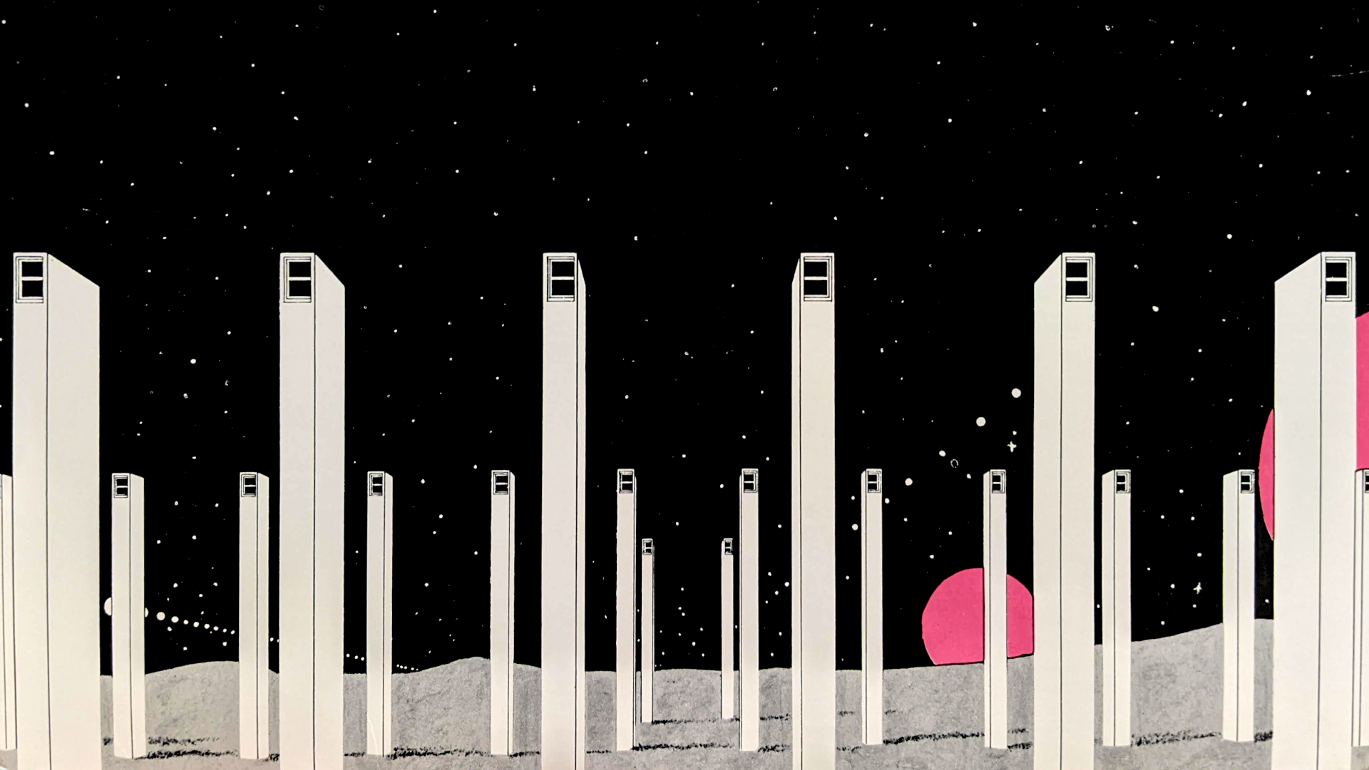 Color illustration, a detail of the back cover of the Blue Oyster Cult album Tyranny and Mutation. On it several stark white towers rise high into the night sky, with a single window at the top of each of them. The terrain behind them is gray and mountainous. In the sky are scattered stars and obscurely arrayed orbs. Behind it all a pair of luminous pink planets are setting.